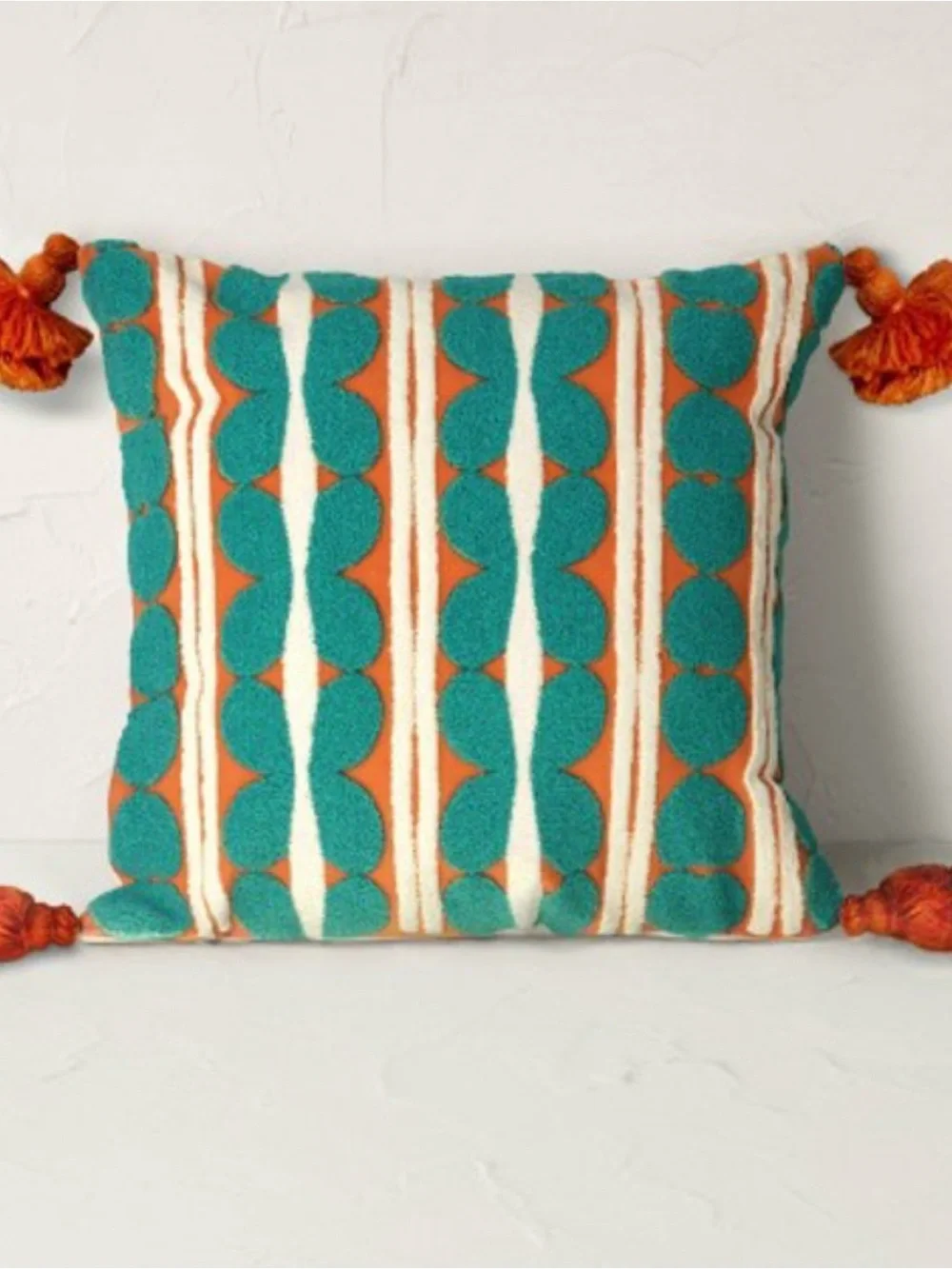 Teal and Orange Geometric Tassel Throw Pillow